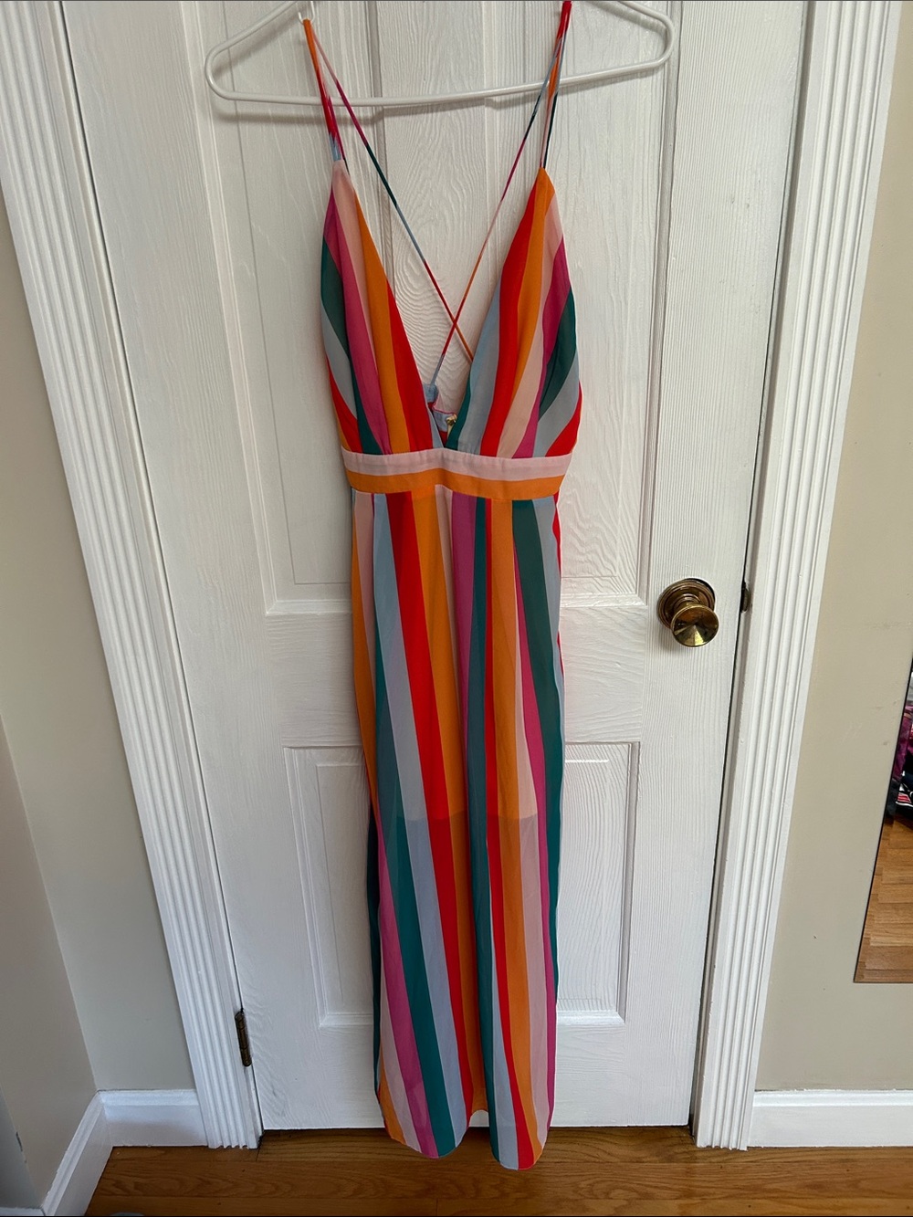 essue Multicolor Stripe V-Neck Maxi Dress with Pink, Orange, Teal & Yellow